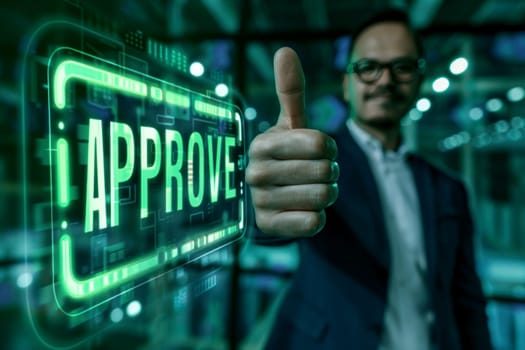 A man is giving a thumbs up to a green screen that says Approve. Concept of approval or agreement, possibly in a professional or formal setting