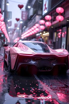 A pink personal luxury car is parked on a wet city street, showcasing its sleek automotive design and shiny exterior under the glow of automotive lighting