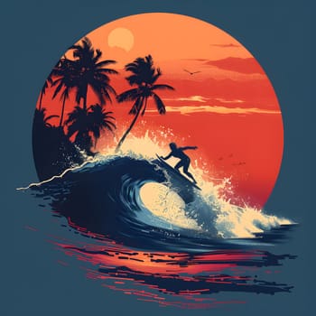 A surfer gracefully rides the water as the sun sets behind palm trees, creating a picturesque scene that captures the beauty of the natural world