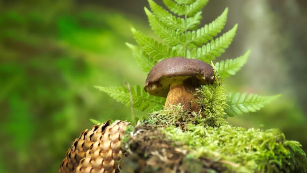 Imleria badia (Boletus badius) or Bay Bolete mushroom growing on a green moss covered stump near a spruce cone in low angle view, wide banner size with place for text