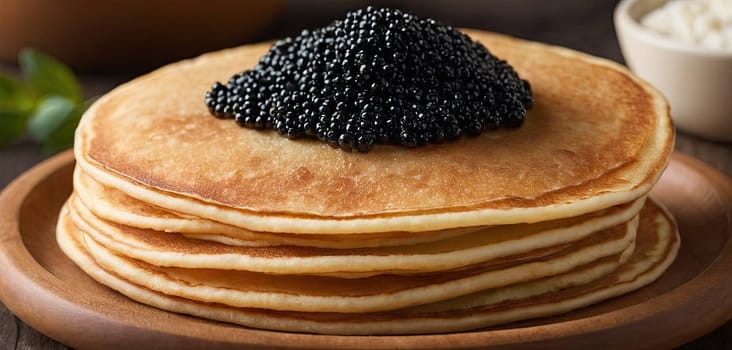 Pancakes with caviar for breakfast highlight luxury morning meal. Golden stack topped with black caviar, served on wooden plate, captures indulgent experience