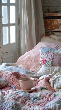 A cozy room with a hardwood floor, a window with a curtain, and a bed made with soft linens and a quilt. A cup of coffee adds to the comfort