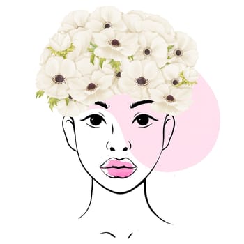 A linear portrait of a beautiful young African American woman. Her hair with white anemone flowers and butterfly, symbolizing elegance and delicacy. for avatars. diversity.