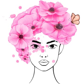 A linear portrait of a beautiful young woman, with her hair styled using pink anemone flowers and adorned with a butterfly, watercolor illustration. Symbolizing brightness and inspiration for avatars.