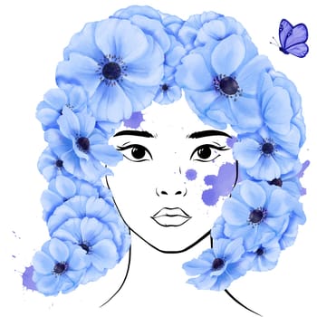 young Asian woman in a linear portrait. Her hairstyle features graceful blue anemone flowers adorned with a delicate butterfly, freedom and spontaneity. for avatars, diversity and individuality.