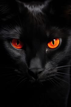 The muzzle of a black cat looking at the camera is highlighted on a black background.