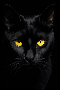 The muzzle of a black cat looking at the camera is highlighted on a black background.