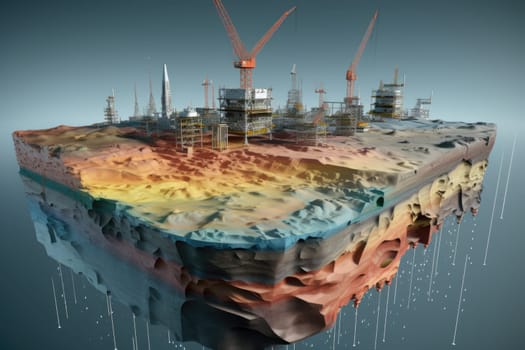 Search for places for oil production. A cross section of the earth. Oil production. Layers of soil. 3d illustration.