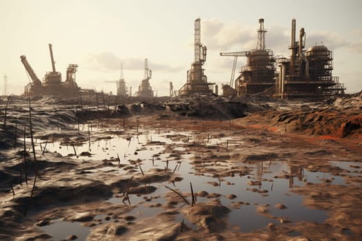 Extraction of crude oil from underground. Oil production. An environmental disaster.