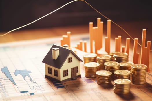 The layout of the house, money, graphics. an inflationary crisis due to an increase in the interest rate affecting the buyer of the house. Mortgage loan, financial concept.