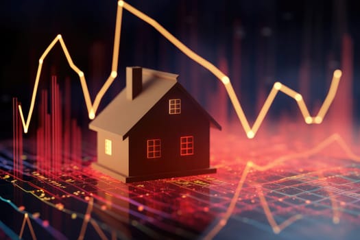 The layout of the house, money, graphics. an inflationary crisis due to an increase in the interest rate affecting the buyer of the house. Mortgage loan, financial concept.