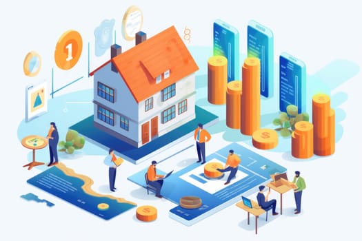 The layout of the house, money, graphics. an inflationary crisis due to an increase in the interest rate affecting the buyer of the house. Mortgage loan, financial concept.