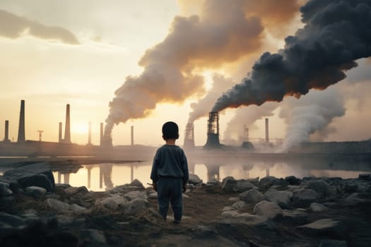 A boy against the background of an environmental disaster. environmental problems, smoke from chimneys.