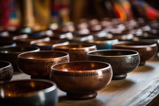 There are many Tibetan bowls on the table.