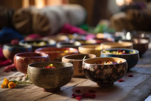 There are many Tibetan bowls on the table.