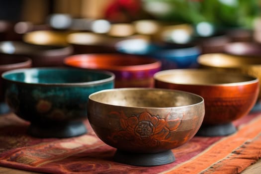 There are many Tibetan bowls on the table.