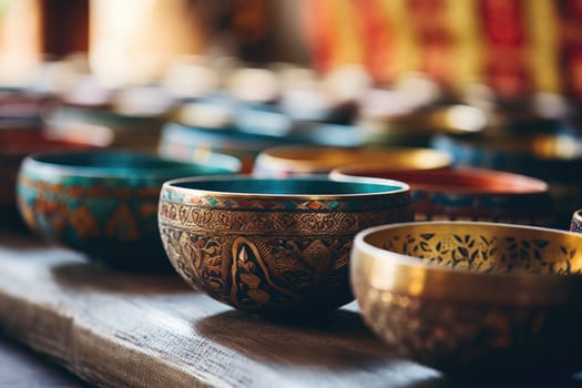 There are many Tibetan bowls on the table.