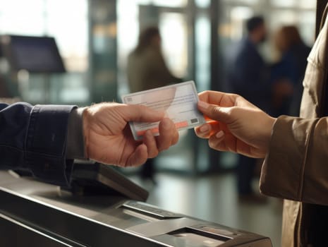 Male hand gives a faceless woman her travel document or ID card in an airport or train station. Gave the verified document from hand to hand. AI