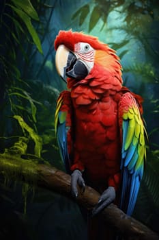 Macaw parrot sits on a branch in the wild.