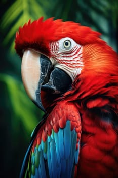 Macaw parrot sits on a branch in the wild.