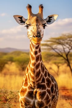 A giraffe strolling through the savannah in the wild of Africa.