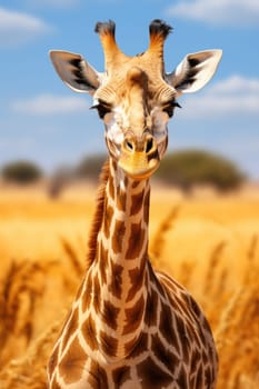 A giraffe strolling through the savannah in the wild of Africa.