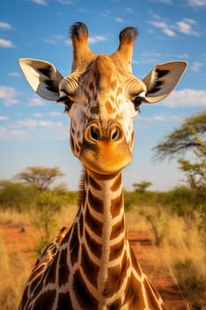 A giraffe strolling through the savannah in the wild of Africa.
