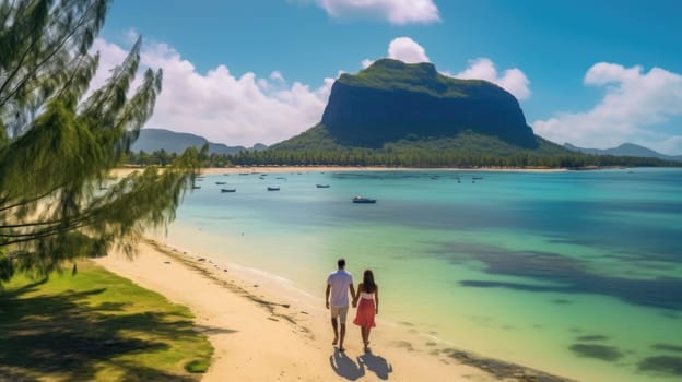 A couple on a tropical island strolling along the beach.