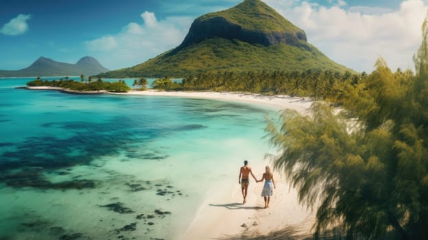 A couple on a tropical island strolling along the beach.