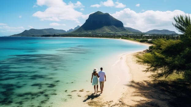 A couple on a tropical island strolling along the beach.