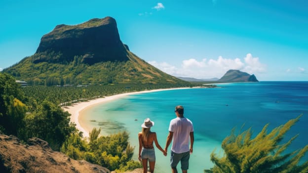 A couple on a tropical island strolling along the beach.