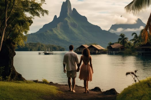 A couple on a tropical island strolling along the beach.