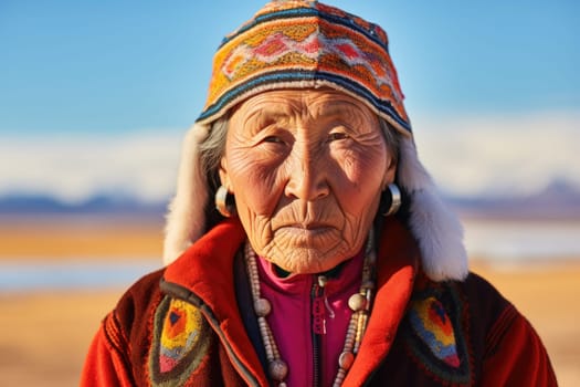 Portrait of a Mongolian elderly woman in a national costume against the background of nature.