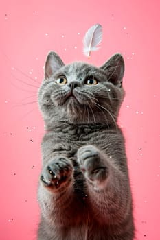 Cute gray British shorthair cat catches a feather, pink background. AI generated.