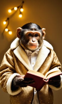Portrait of a monkey with a book on a dark background.