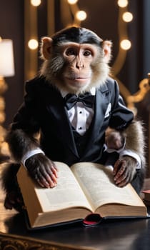 Monkey in a black suit and bow-tie reading a book.