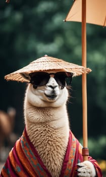 Portrait of alpaca wearing a straw hat and sunglasses