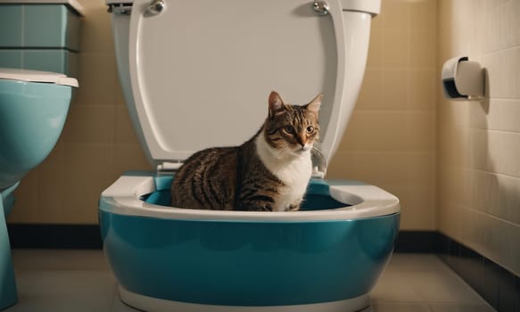 A cute tabby cat sits on the toilet and looks at the camera. Toilet training a cat.