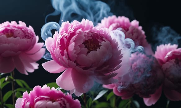 Pink peony flowers with smoke on dark background, close-up.