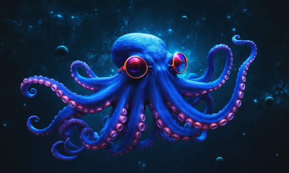 Blue octopus in space with stars and nebula 3D rendering.