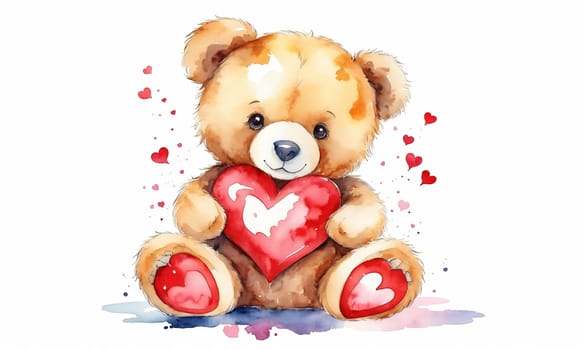 Teddy bear with heart on white background. Watercolor illustration