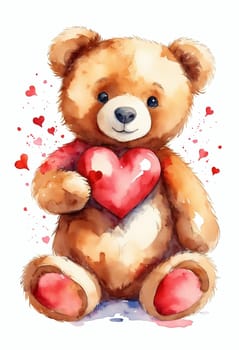 Teddy bear with heart on white background. Watercolor illustration