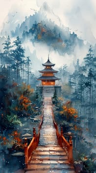 Fog-wrapped path to a shrine depicted in a misty, ethereal palette of watercolors.