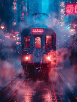 Night train arrival captured in a futuristic, Blade Runner-inspired neon palette and atmospheric detail.