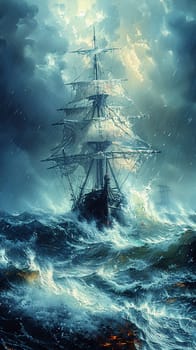 Stormy sea voyage illustrated with dynamic brushstrokes and a moody, atmospheric palette.