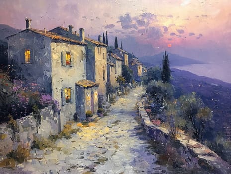 Rustic village at twilight, captured in an oil painting with rich textures and a peaceful palette.