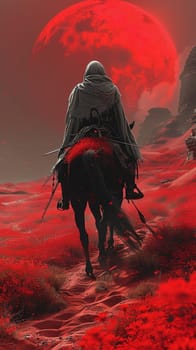 Nomad riding the dunes of a crimson desert, their story etched by the wind's eternal caress.