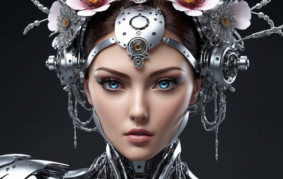 Beautiful female robot with flowers in her hair. 3d rendering