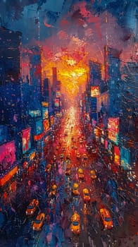 Cityscape from a high vantage point painted in a post-impressionist style, with vivid colors and bold brushwork.