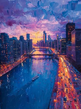 Sculptor carving the essence of the aether, their chisel a conjuring of form and void. City skyline at dusk painted in broad, impressionistic strokes of deep blues and purples.